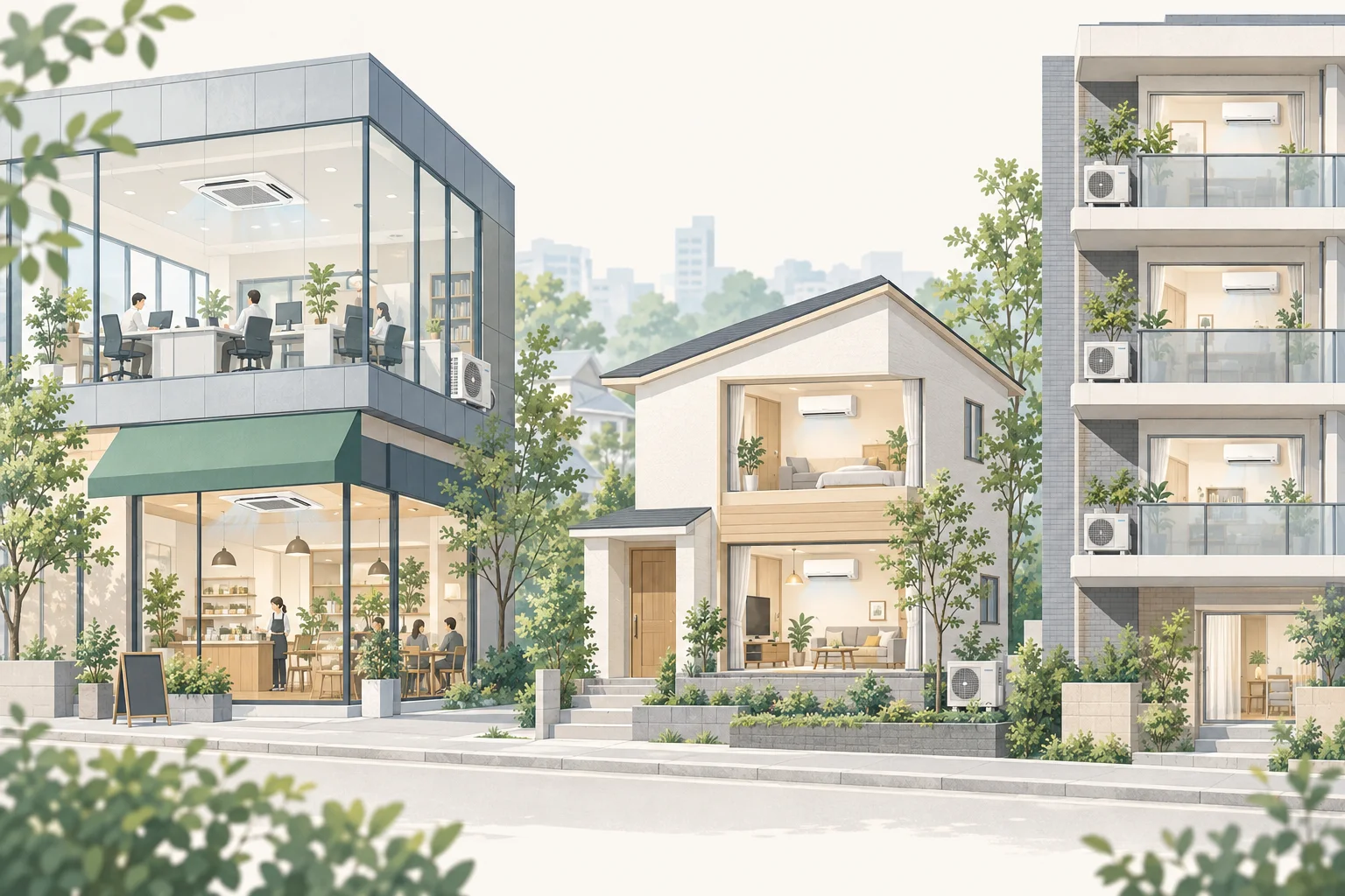 オフィス、店舗テナント、戸建て、集合住宅と、家庭用・業務用エアコンの設置を表したイラスト